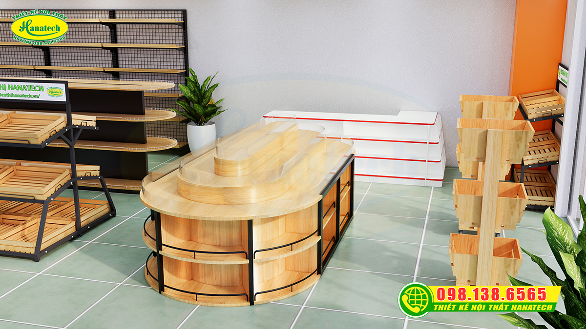 Đảo trưng bày bằng gỗ giữa nhà