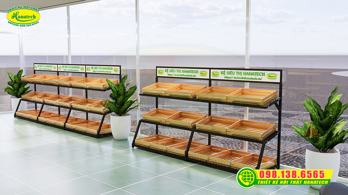 Setup kệ rau củ quả khay gỗ đơn