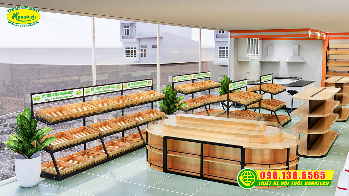 Setup kệ trưng bày gỗ shop minimart đẹp sang